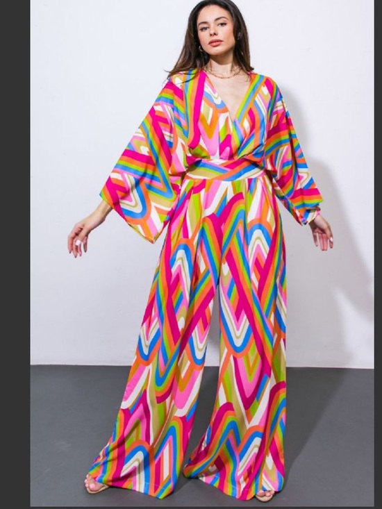Flying Tomato Pants - FLYING TOMATO Vibrant Multi-Color Wide-Leg Jumpsuit